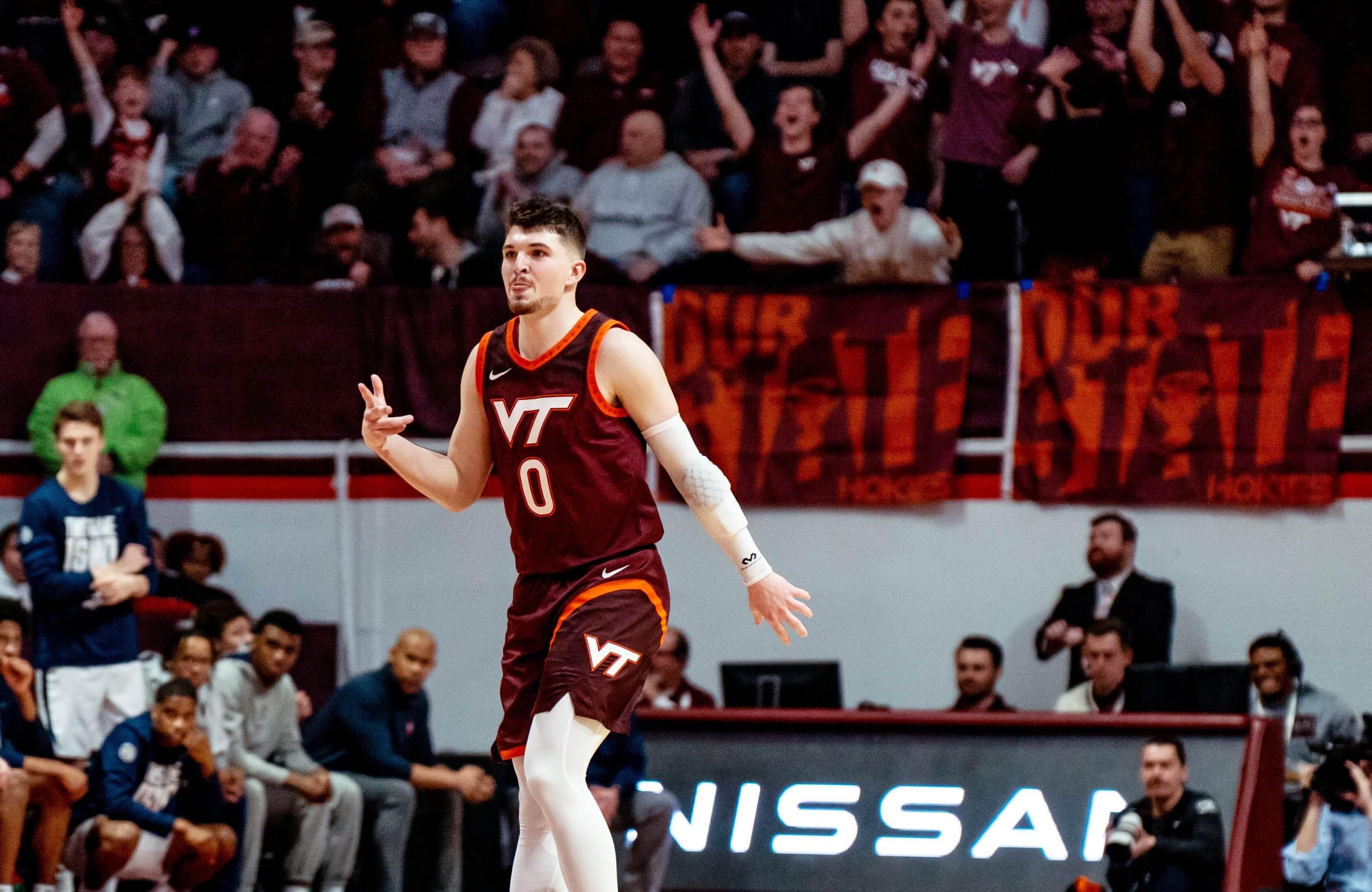 Virginia Tech men's basketball celebrating in win over No. 6 Virginia