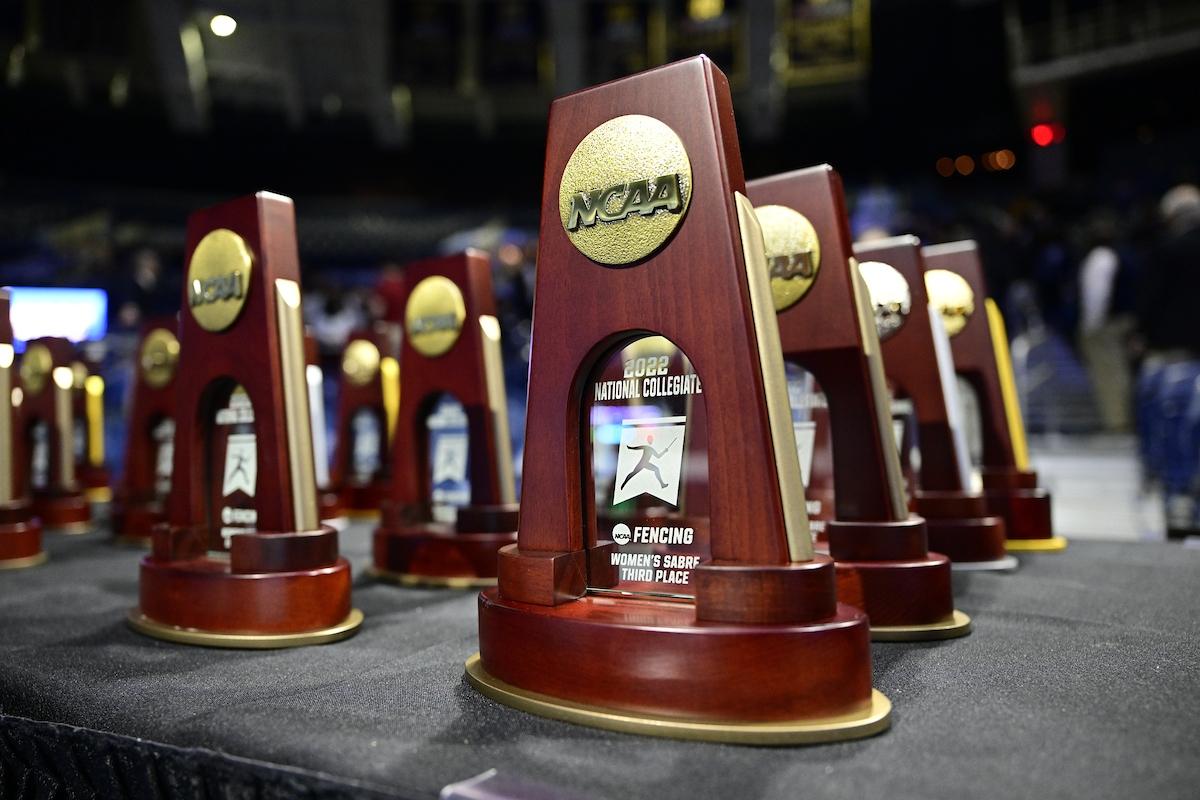 Championship trophies wait to be handed out after the Division I Women’s Fencing Championship held at the Castellan Family Fencing Center on March 25, 2022 in Notre Dame, Indiana.