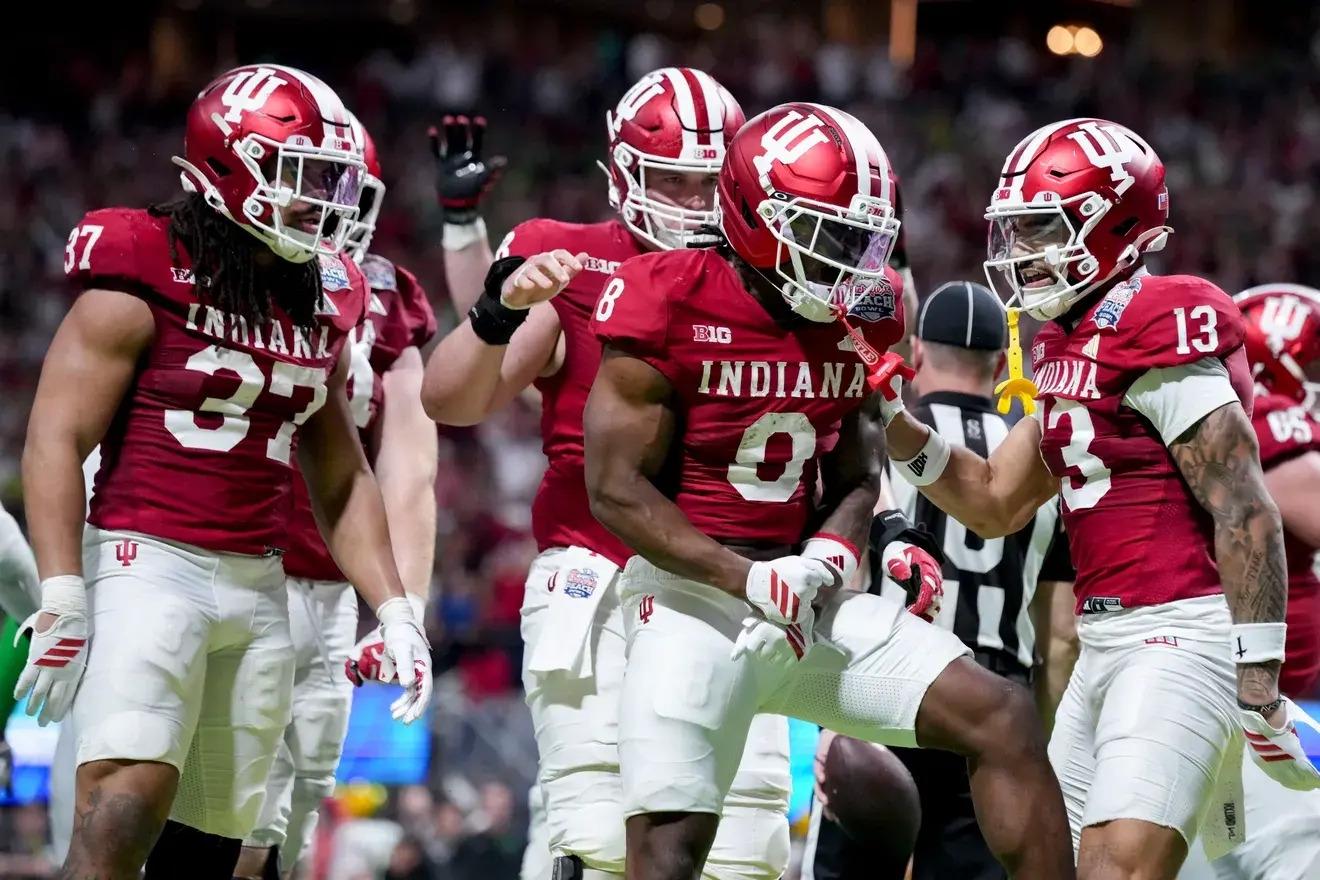 Indiana celebrates against Oregon in the Peach Bowl